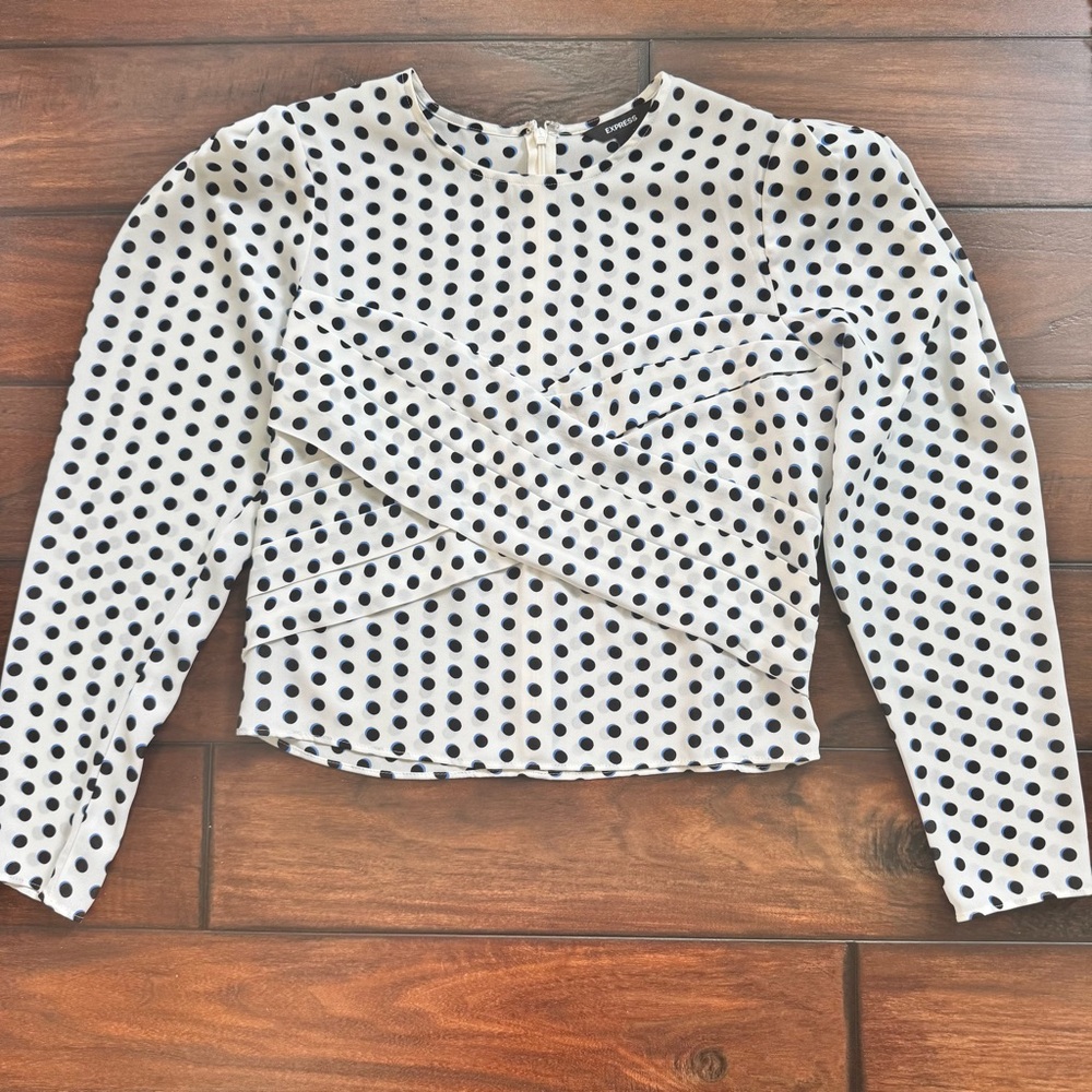 Express White and Black/Blue Ruched Fitted Cropped Blouse